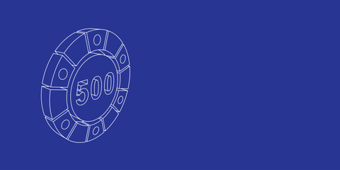 Poster - The outline of a large poker chip symbol made of white lines on the left. 3D view of the object in perspective. Vector illustration on indigo background