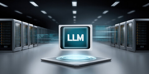 Poster - Large language model artificial intelligence data center server room digital technology futuristic glowing light innovation