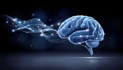 Poster - Futuristic digital brain with glowing neural network, abstract intelligence and technology concept, dark background