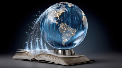 Poster - Glowing digital globe with binary code emerges from open book, symbolizing global knowledge, technology, and learning inspiration