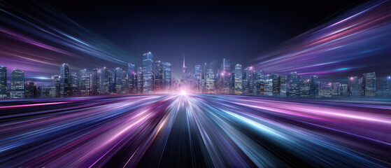 Poster - Futuristic cityscape with glowing skyscrapers, neon lights, and dynamic motion blur creating sense of speed and energy