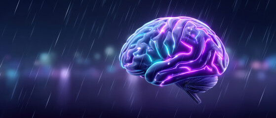 Poster - Glowing neon brain floating in rain, futuristic digital concept, creative artificial intelligence, night city background