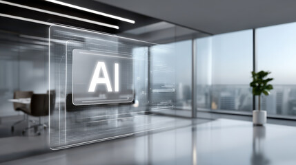Poster - Futuristic office with AI hologram, modern glass walls, city view, and natural light, conveying innovation and advanced technology