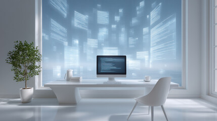 Poster - modern office with computer, digital code on screen, large window, cityscape view, minimalist white 