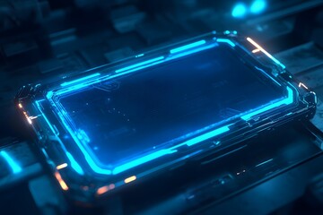 Poster - Futuristic glowing blue electronic device displaying digital interface technology concepts