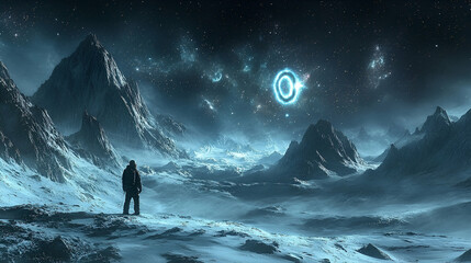 Wall Mural - A solitary figure contemplates a luminous ring on a frosted alien landscape.