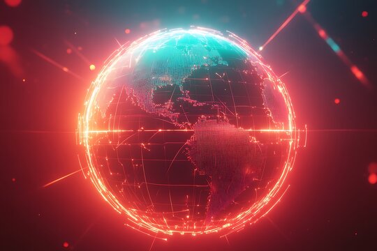 A stylized network globe with bright holographic lines webbing around glowing landmasses, floating in a sleek digital void 