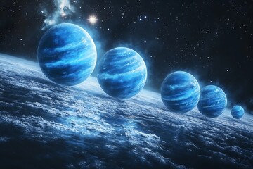 Poster - A surreal scene of multiple icy blue planets aligned across a galaxy with radiant starbursts in the background