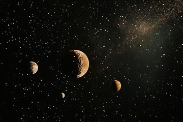 Poster - .	A surreal space scene with distant planets aligned in orbit and twinkling stars scattered across the cosmos. 
