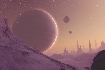 Poster - 	A surreal space scene with distant planets aligned in orbit and twinkling stars scattered across the cosmos. 