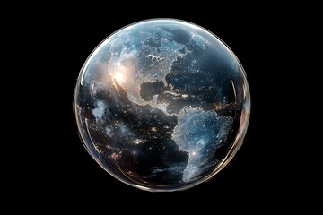 Poster - A transparent hologram of Earth with animated data flows, connectivity arcs, and softly flickering tech particles 