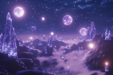 Poster - 	A universe scene where all planets are made of glowing crystal, floating among sparkling stars in a deep indigo sky