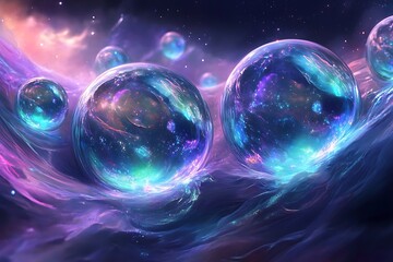 Poster - .	A universe where all planets are glowing orbs of glass, reflecting the surrounding stars and stardust trails