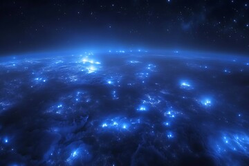Poster - A vast expanse of deep navy space filled with shimmering diamond-like stars and glowing blue fog