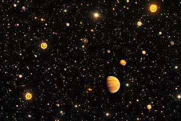 Poster - 	A vast universe scene with glowing planets of different sizes, surrounded by dense clusters of sparkling stars