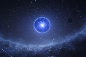 Poster - A wide celestial view of a glowing blue star system, surrounded by planets and translucent galactic waves