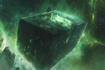 Poster - 	An ancient space structure floating through a vibrant green nebula filled with crystal dust