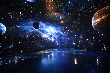 Poster - 	An interactive space simulation projected in midair, showing slowly rotating planets and shimmering starfields 