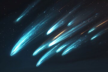 Poster - 	Dark space scattered with luminous cyan comets streaking across a glowing dust trail