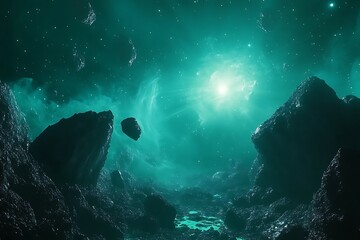 Poster - 	Floating asteroid field illuminated by a teal supernova explosion in the distance