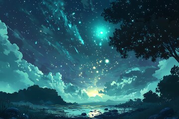 Poster - 	Floating asteroid field illuminated by a teal supernova explosion in the distance