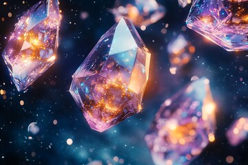 Poster - 	Floating cosmic crystals reflecting galaxy lights, suspended in zero gravity