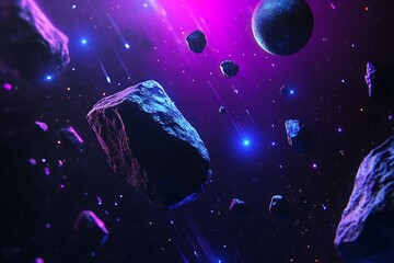 Poster - .	Floating rocky planets and glowing blue stars scattered across a wide black and purple universe scene