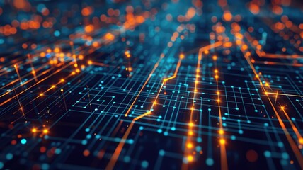 Fototapete - Abstract picture particle in complex circuit with digital technology style design and the electric light graphic show dynamic movement represent processor of chip algorithm process on computer. AIG53.