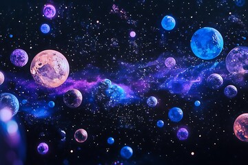 Poster - 	Floating rocky planets and glowing blue stars scattered across a wide black and purple universe scene
