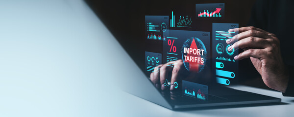 Poster - Businessman analyzing import tariffs and increasing trade growth through futuristic digital graphs and data charts on laptop in office environment.