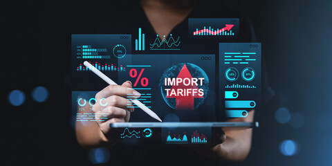 Poster - Import tariffs increasing trade war concept with digital graphs showing economic growth analytics on a dark gradient background in futuristic style.