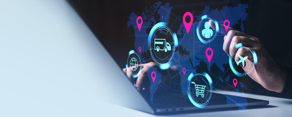 Poster - Digital logistics network management concept with icons on a world map background.