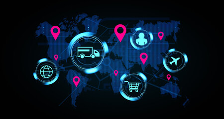 Poster - Global logistics network concept with digital delivery, shopping cart, airplane, user icons, and location pins on a futuristic world map background. 3D Rendering