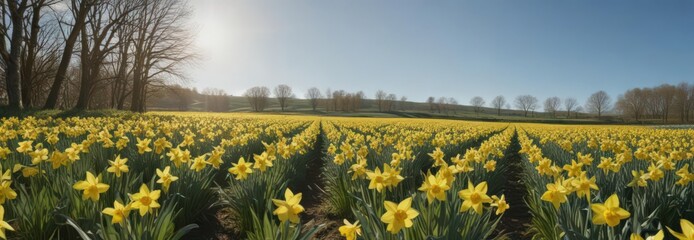vast field of daffodils bathed in sunlight, clear blue sky above, nature, sunny, backdrop