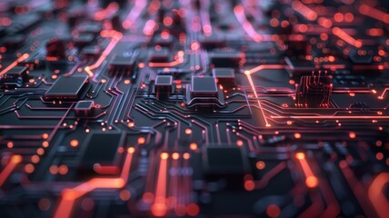 Fototapete - Vibrant color circuit board with detailed lines and patterns on a dark background. Digital art for design. Abstract image of wireframe or motherboard with glowing color with electronic parts. AIG53.