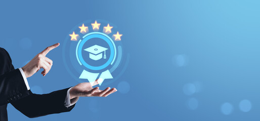 Poster - Businessman pointing at digital five-star rating with education icon on hologram.