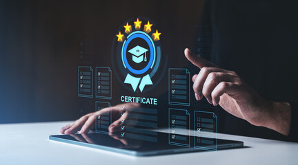 Poster - Digital certificate and five-star rating icon above tablet on dark background.