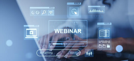 Poster - Webinar and e-learning technology concept with hands typing on laptop and digital icons.