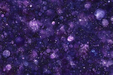 Poster - Tiling outer space pattern of glowing stars, mini planets, and galactic dust trails in dark purple.