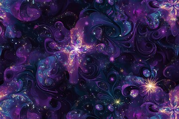 Poster - 	Tiling outer space pattern of glowing stars, mini planets, and galactic dust trails in dark purple.