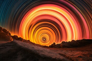 Poster - Vibrant rings of a distant planet glowing with neon orange and pink hues against a star-filled sky. 