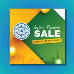 Wall Mural - indian freedom sale poster design with 80% discount offer, famous monuments, glossy balloons and ash