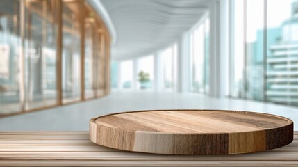 Poster - Wooden Round Platform in Modern Blurry Interior Background