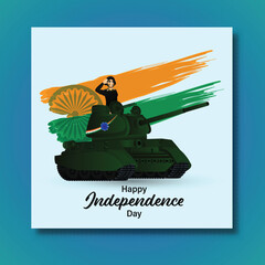 Wall Mural - Saluting Army Officer on Military Tank, Ashoka Wheel with Saffron and Green Brush Stroke Color for Happy Independence Day Celebration Concept.