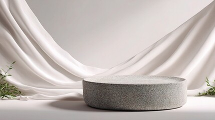 Poster - rounded stone platform with flowing white fabric in elegant setting