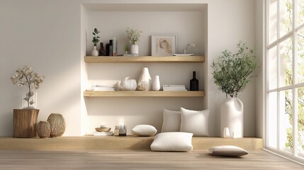 Poster - scandinavian inspired minimalist room with open shelving design