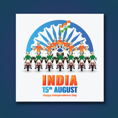 Wall Mural - Bikers Performing Stunts on Bullet with Indian Flag in Front of Ashoka Wheel for Pride of India Celebration Concept.