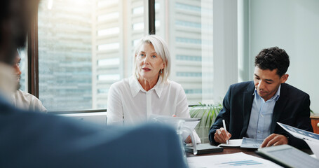 Fototapete - Teamwork, advisor and meeting with business woman in office for investment analyst, planning and stock market data. Audit review, portfolio growth and feedback with employees in agency for research