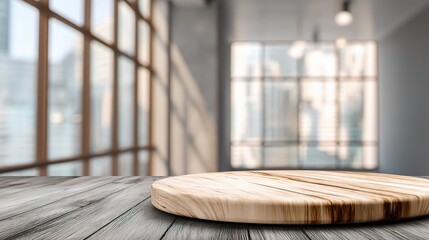 Poster - Wooden Round Platform in Foreground with Blurred Indoor Background