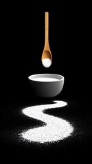 Poster - Wooden Spoon Pouring Salt into Bowl on Black Background